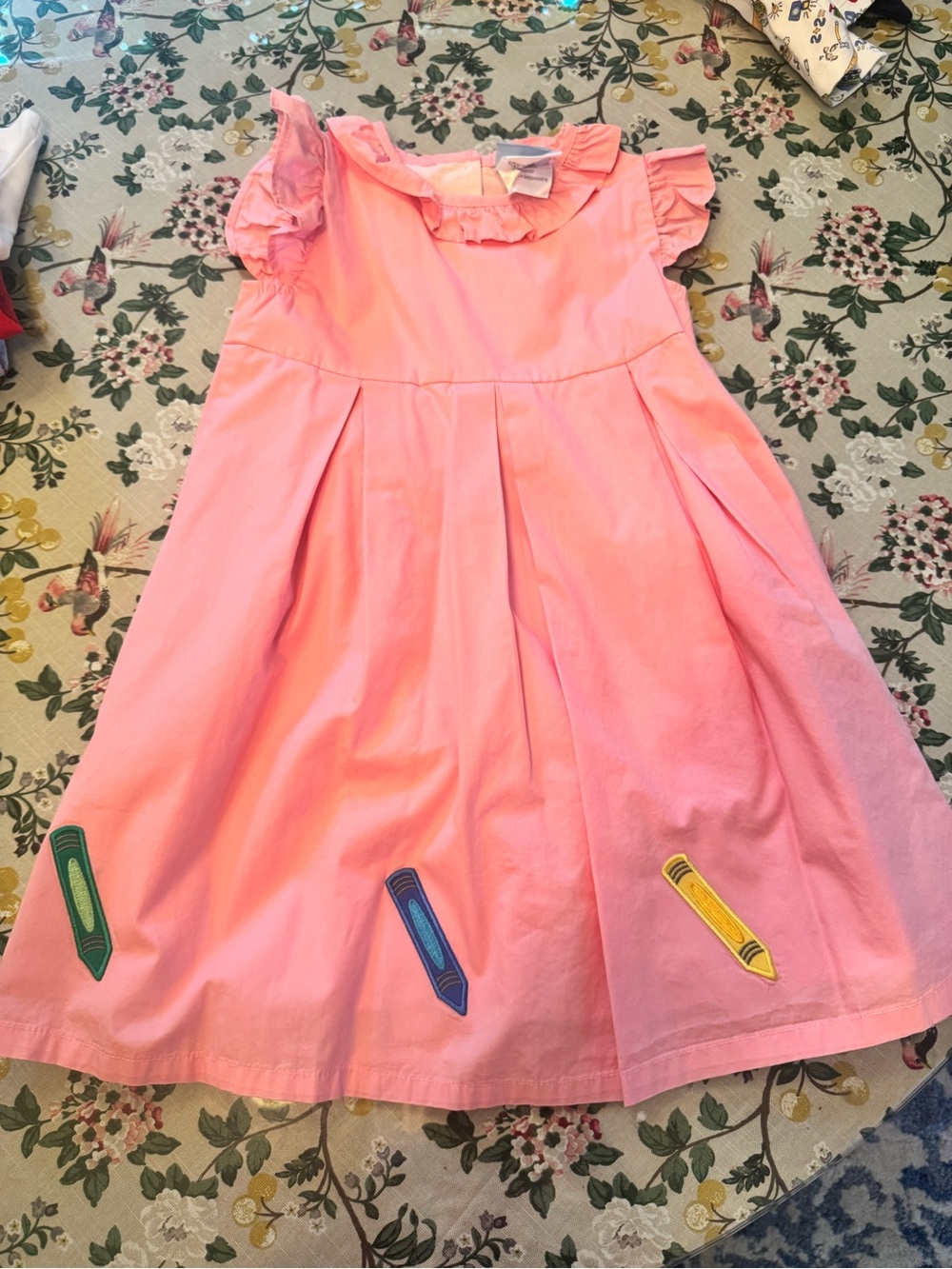 Girls' Pink Ruffle Sleeve Dress with Crayon Appliqués